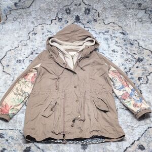 Skies Are Blue Utility Parka Jacket w/ Hood & Floral Print Sleeves (M)